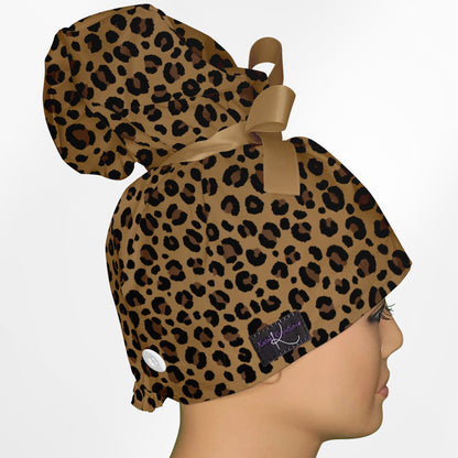 Leopard Print High Bun Ponytail Scrub Cap