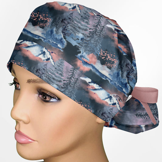 Mountains Watercolor Ponytail Style Scrub Hat