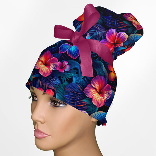 Neon Flowers High Bun Ponytail Scrub Cap