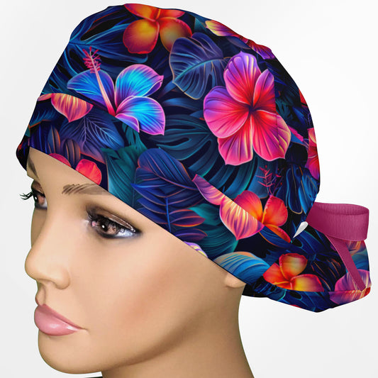 Neon Flowers Ponytail Scrub Cap