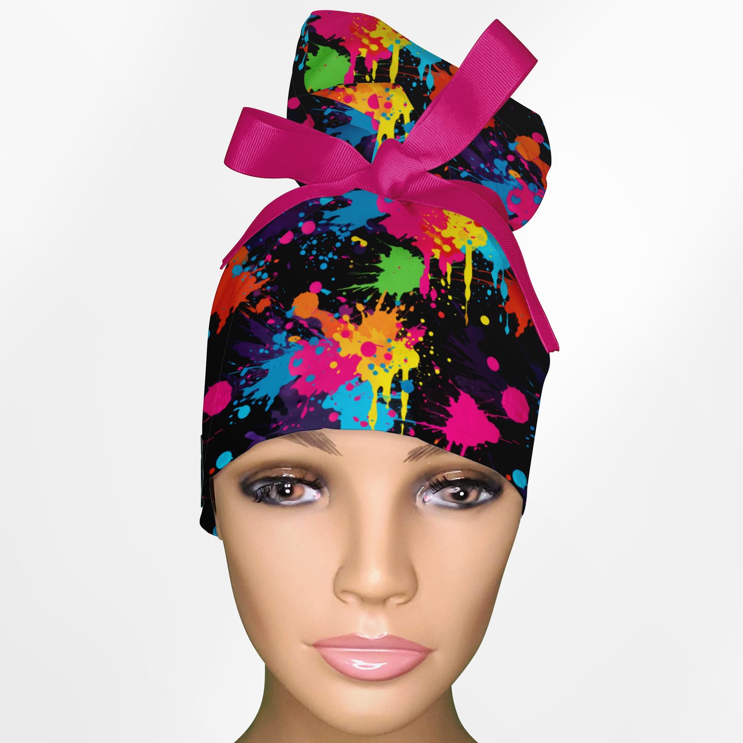 Neon Paint Splatter High Bun Ponytail Scrub Cap