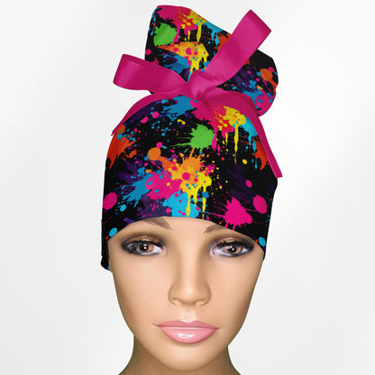 Neon Paint Splatter High Bun Ponytail Scrub Cap
