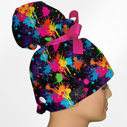 Neon Paint Splatter High Bun Ponytail Scrub Cap