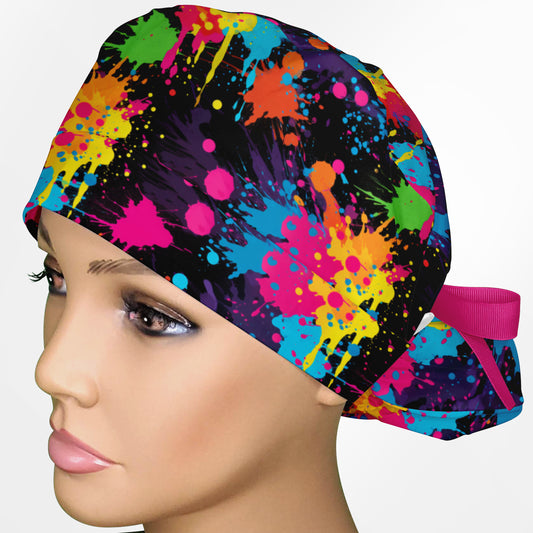 Neon Paint Splatter Ponytail Scrub Cap