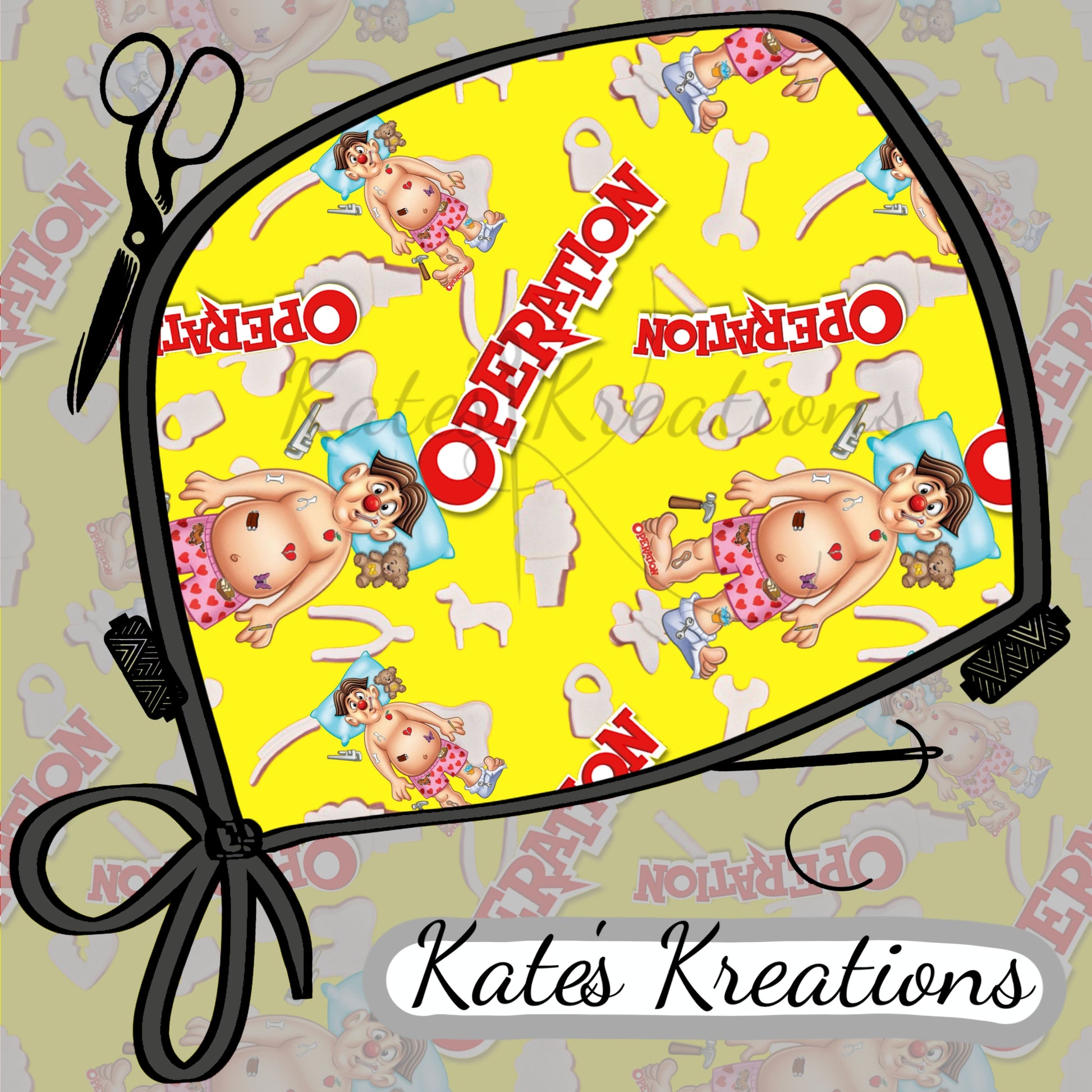 Operation board game fabric design pattern for custom scrub caps

