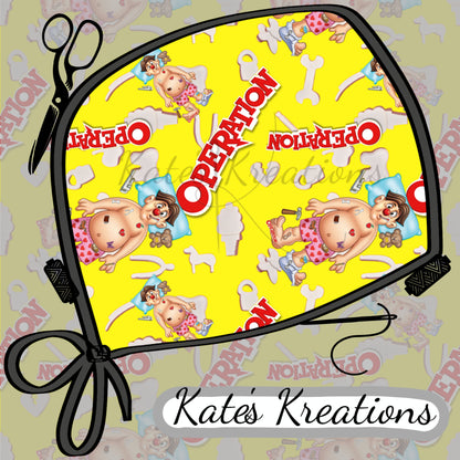 Operation board game fabric design pattern for custom scrub caps
