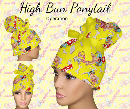 Operation board game high bun ponytail scrub cap for surgical techs and OR nurses
