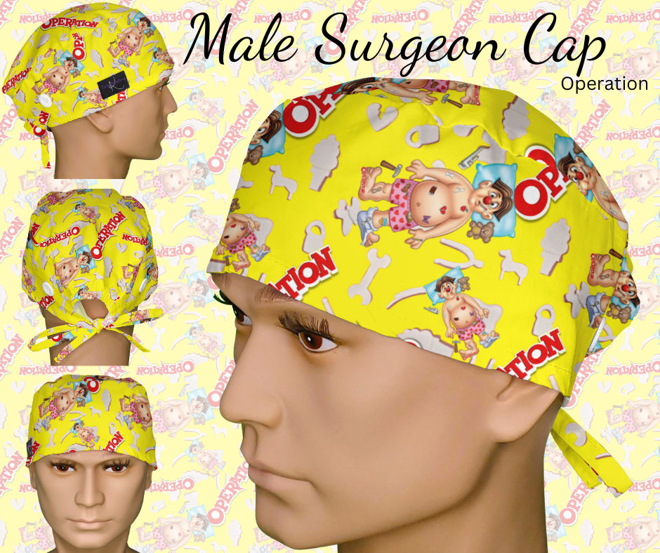 Operation board game male surgeon scrub cap tie-back style for surgical techs
