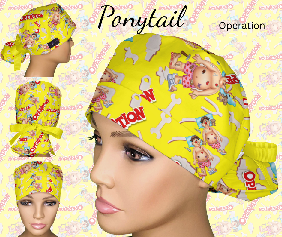 Operation board game ponytail scrub cap for surgical techs and OR nurses

