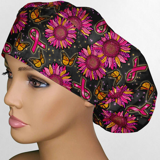 Pink Sunflower Ribbons Bouffant Scrub Cap