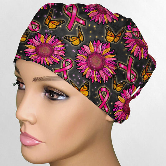 Pink Sunflower Ribbons Low-Tie Surgeon Scrub Cap