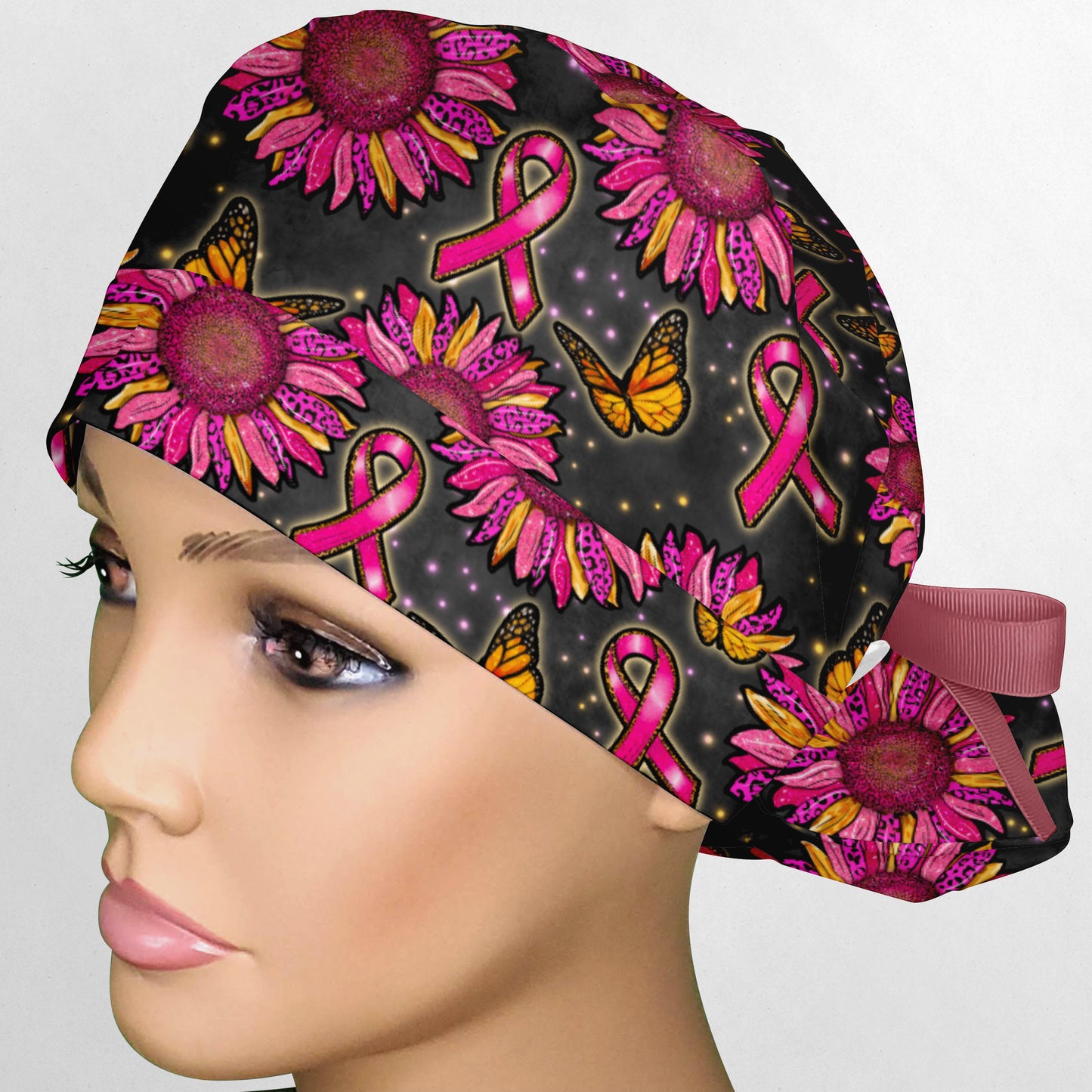 Pink Sunflower Ribbons Ponytail Scrub Cap