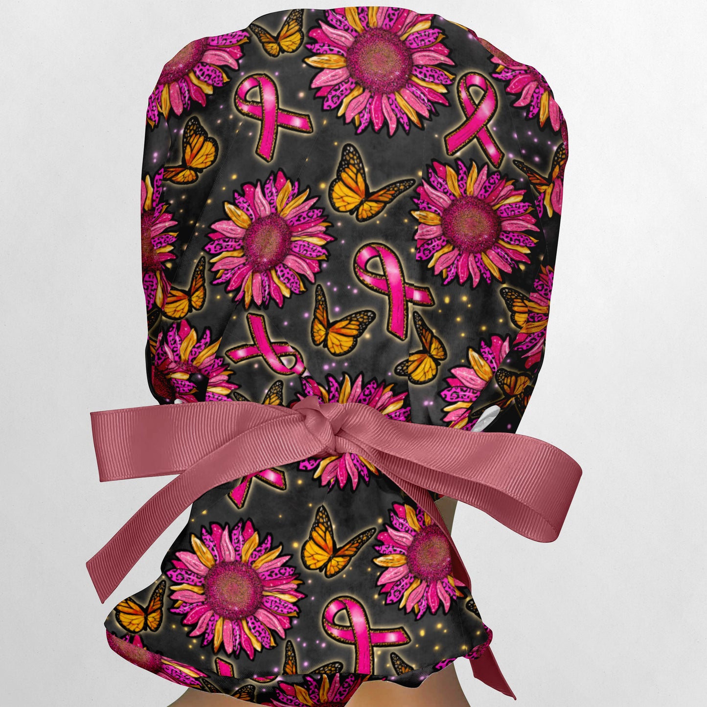 Pink Sunflower Ribbons Ponytail Scrub Cap