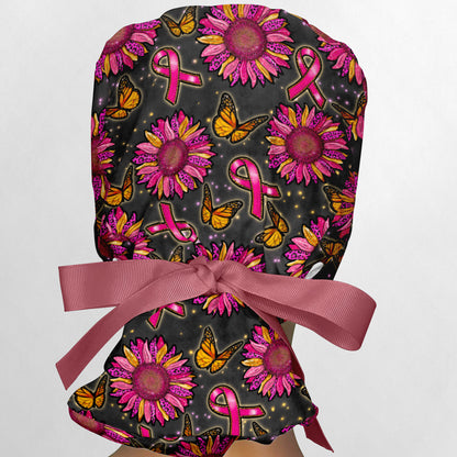 Pink Sunflower Ribbons Ponytail Scrub Cap