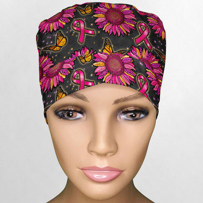 Pink Sunflower Ribbons Ponytail Scrub Cap