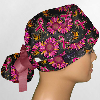 Pink Sunflower Ribbons Ponytail Scrub Cap