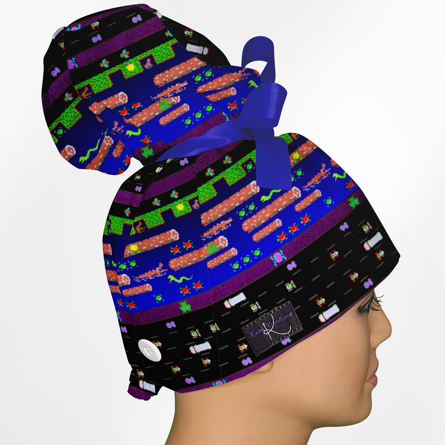 Retro Frogger High Bun Ponytail Scrub Cap