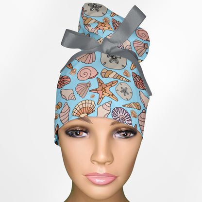 Seashells High Bun Ponytail Scrub Cap