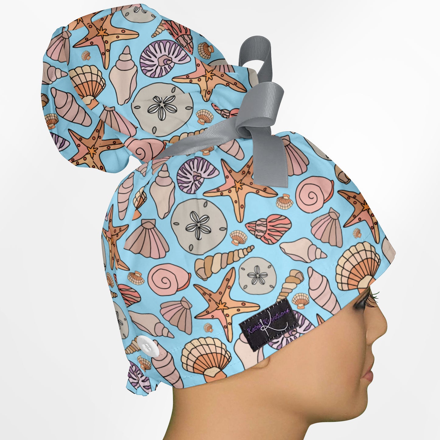 Seashells High Bun Ponytail Scrub Cap