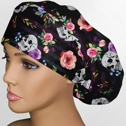 Floral Skull Stripes Bouffant Scrub Cap
