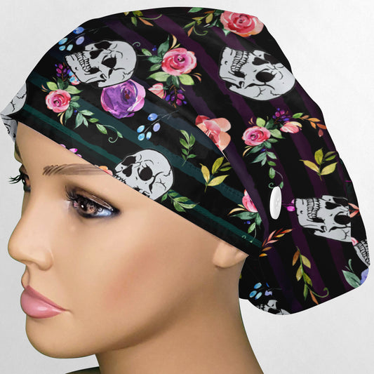 Floral Skull Stripes Euro Scrub Cap