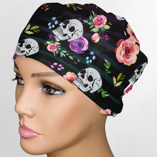 Floral Skull Stripes Low-Tie Surgeon Scrub Cap