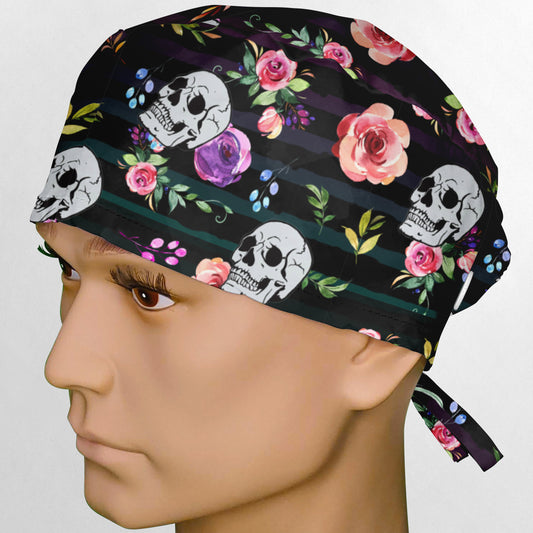 Floral Skull Stripes Surgeon Scrub Cap