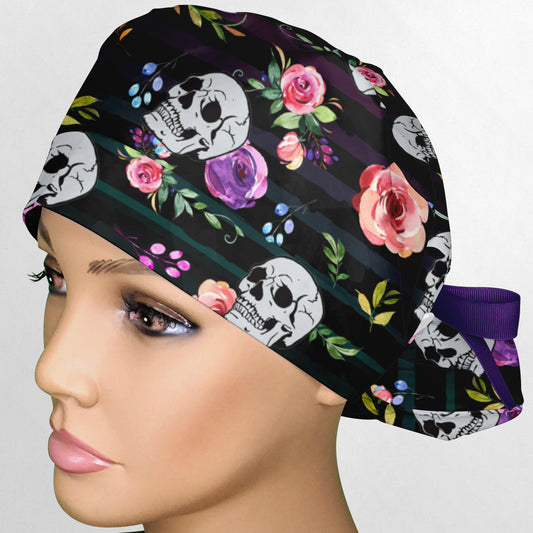 Floral Skull Stripes Ponytail Scrub Cap