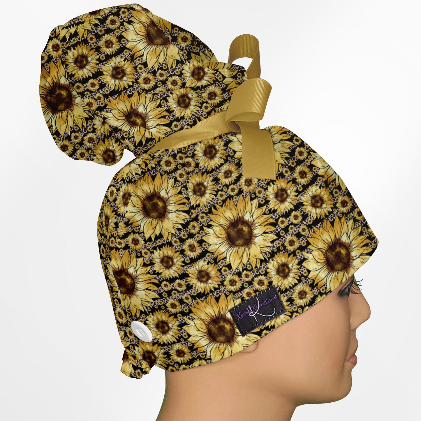Sunflower Stripes High Bun Ponytail Scrub Cap