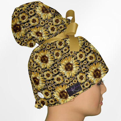 Sunflower Stripes High Bun Ponytail Scrub Cap