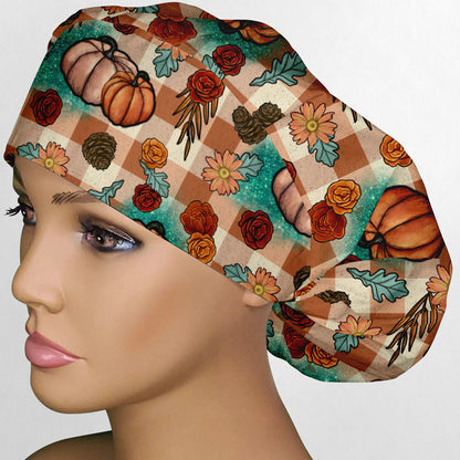 Turquoise and Tan Fall Pumpkins Bouffant Scrub Cap