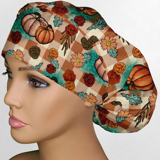 Turquoise and Tan Fall Pumpkins Bouffant Scrub Cap
