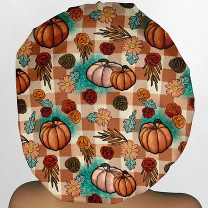 Turquoise and Tan Fall Pumpkins Bouffant Scrub Cap