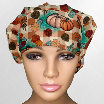 Turquoise and Tan Fall Pumpkins Bouffant Scrub Cap