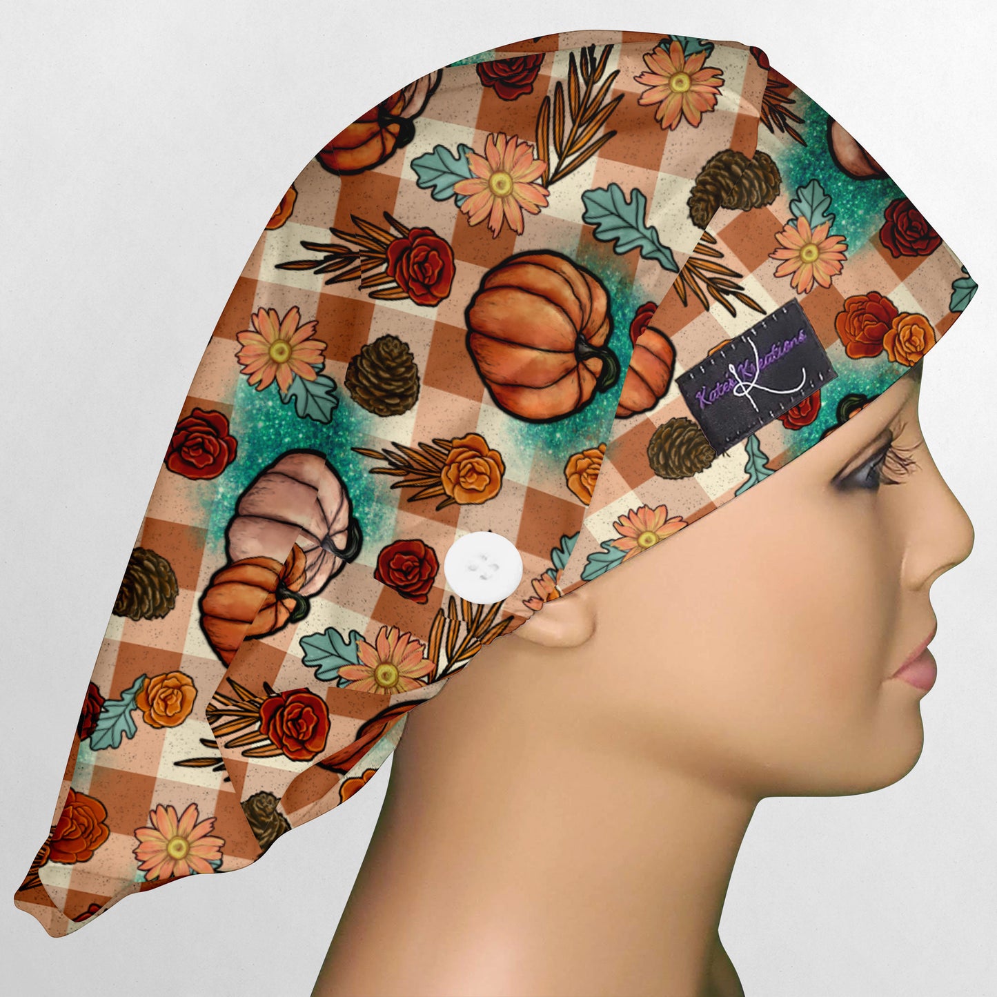 Turquoise and Tan Fall Pumpkins Bouffant Scrub Cap