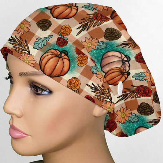 Turquoise and Tan Fall Pumpkins Euro Scrub Cap