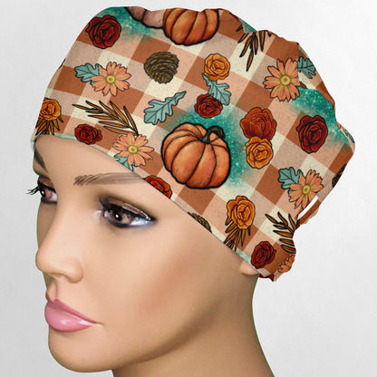Turquoise and Tan Fall Pumpkins Low-Tie Surgeon Scrub Cap
