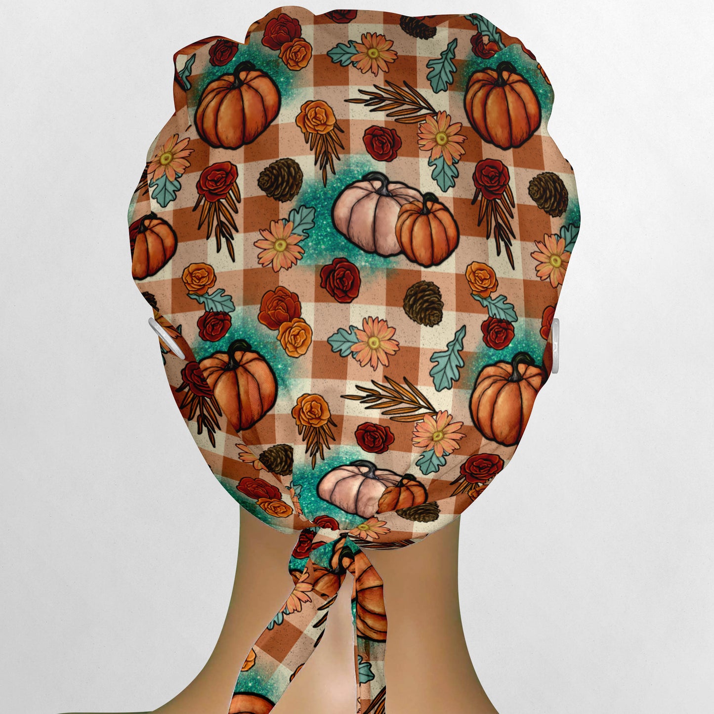 Turquoise and Tan Fall Pumpkins Low-Tie Surgeon Scrub Cap