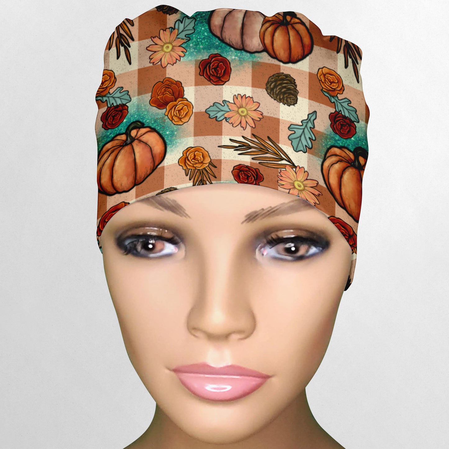 Turquoise and Tan Fall Pumpkins Low-Tie Surgeon Scrub Cap