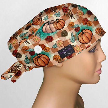 Turquoise and Tan Fall Pumpkins Low-Tie Surgeon Scrub Cap