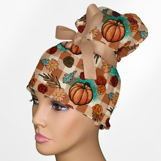Turquoise and Tan Fall Pumpkins High Bun Ponytail Scrub Cap