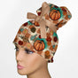 Turquoise and Tan Fall Pumpkins High Bun Ponytail Scrub Cap