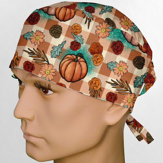 Turquoise and Tan Fall Pumpkins Surgeon Scrub Cap