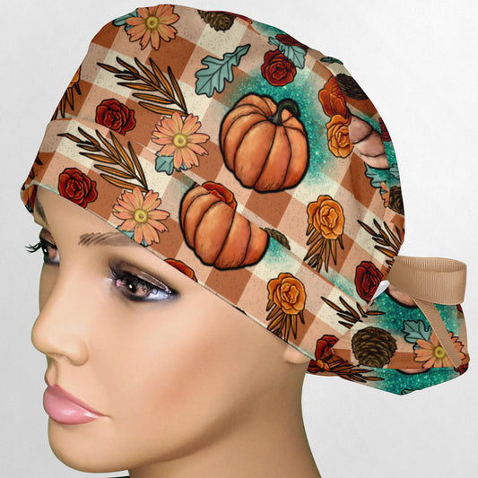 Turquoise and Tan Fall Pumpkins Ponytail Scrub Cap