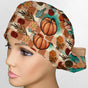 Turquoise and Tan Fall Pumpkins Ponytail Scrub Cap