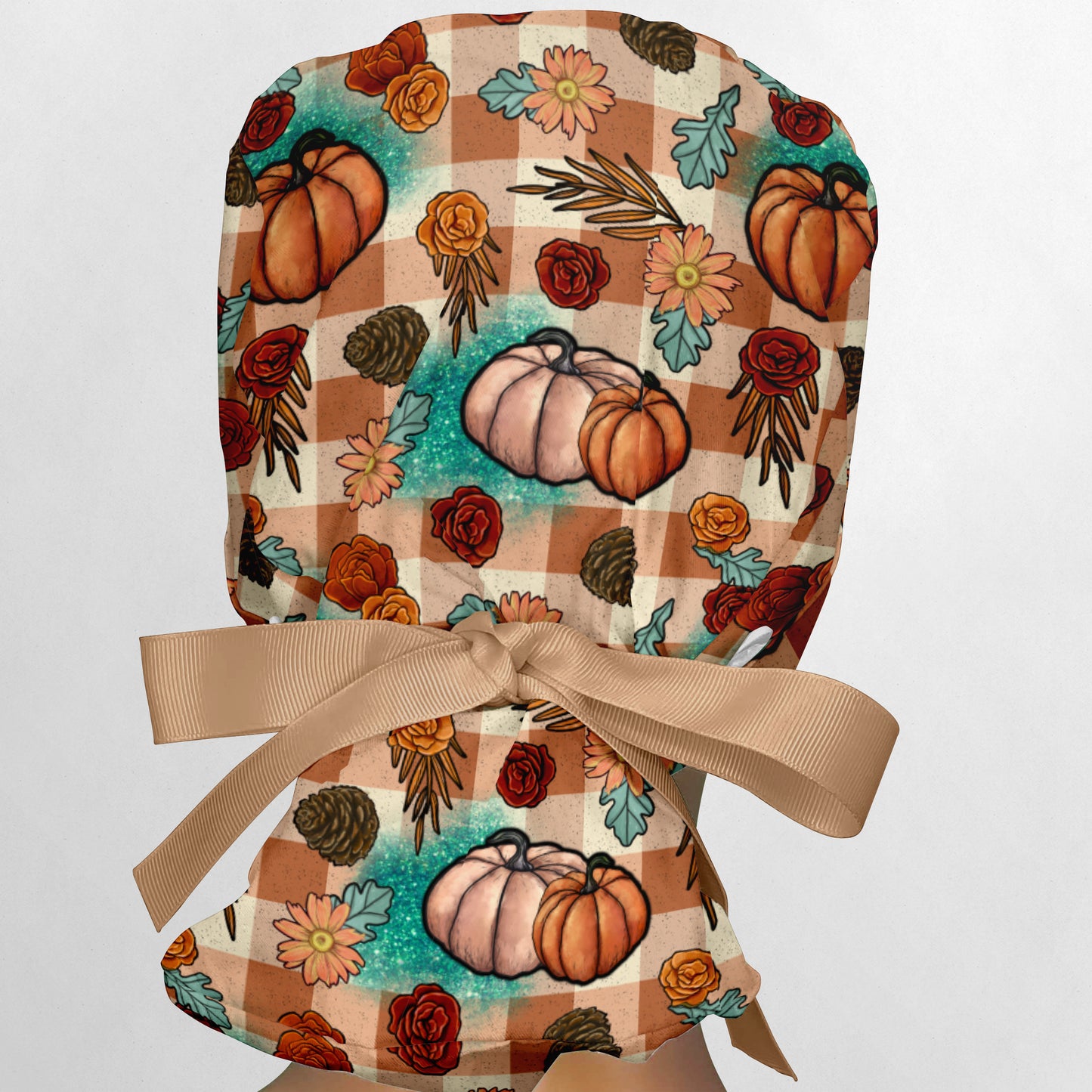 Turquoise and Tan Fall Pumpkins Ponytail Scrub Cap