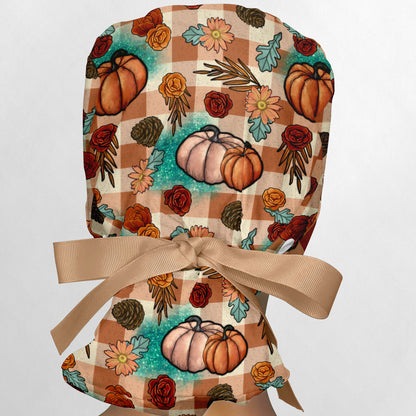 Turquoise and Tan Fall Pumpkins Ponytail Scrub Cap