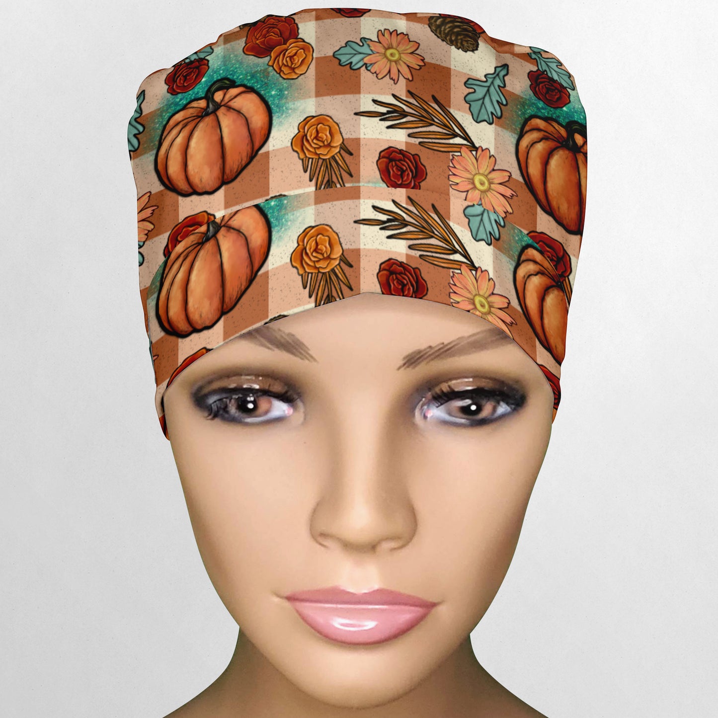 Turquoise and Tan Fall Pumpkins Ponytail Scrub Cap