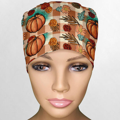 Turquoise and Tan Fall Pumpkins Ponytail Scrub Cap