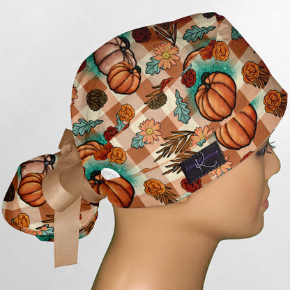Turquoise and Tan Fall Pumpkins Ponytail Scrub Cap